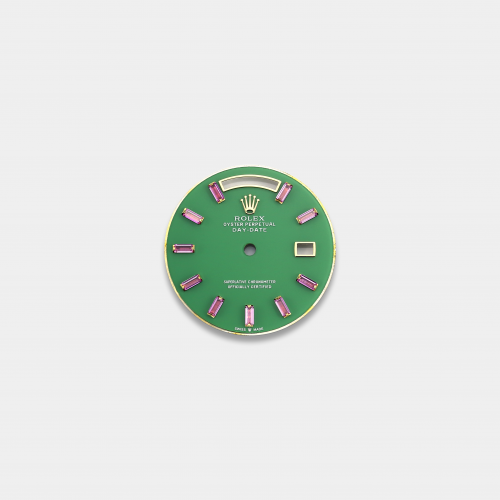 롤렉스 데이데이트 36mm 커스텀다이얼 옥(Polar Jade) 다이얼 옐로골드용 바게뜨 루비 인덱스
