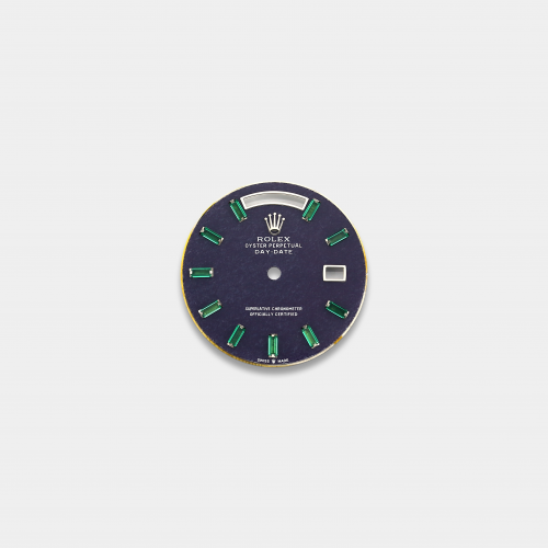 롤렉스 데이데이트 36mm 커스텀다이얼 자수정(Amethyst/Purple Stone) 다이얼 화이트골드용 바게뜨 에메랄드 인덱스