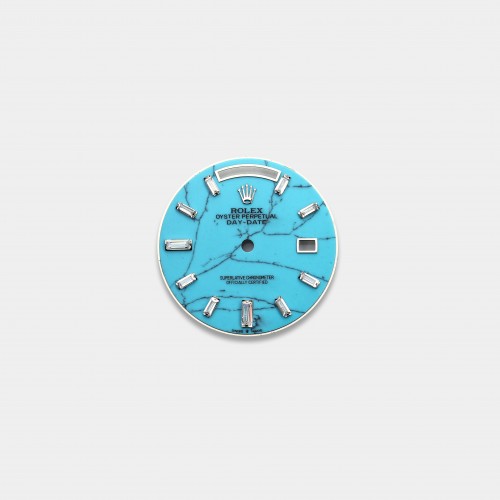 롤렉스 데이데이트 40MM 커스텀다이얼 터콰이즈(Turquoise) 다이얼 화이트골드용 바게뜨 다이아 인덱스