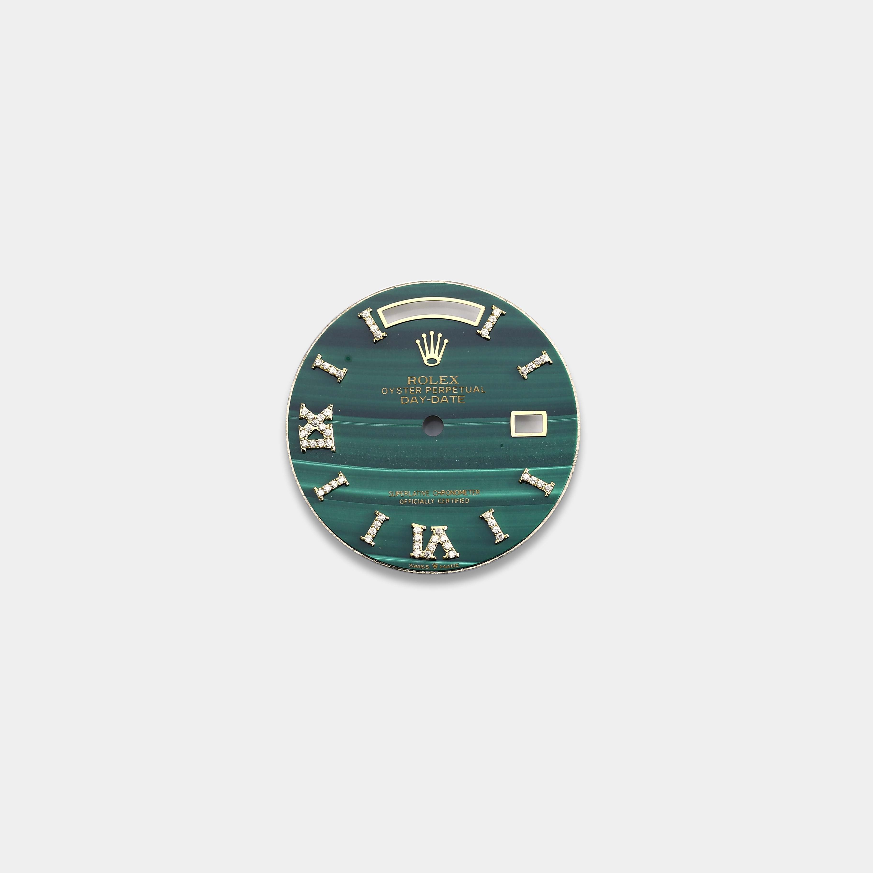 롤렉스 데이데이트 36mm 커스텀다이얼 공작석 (malachite) 옐로골드용 다이아 로만 인덱스
