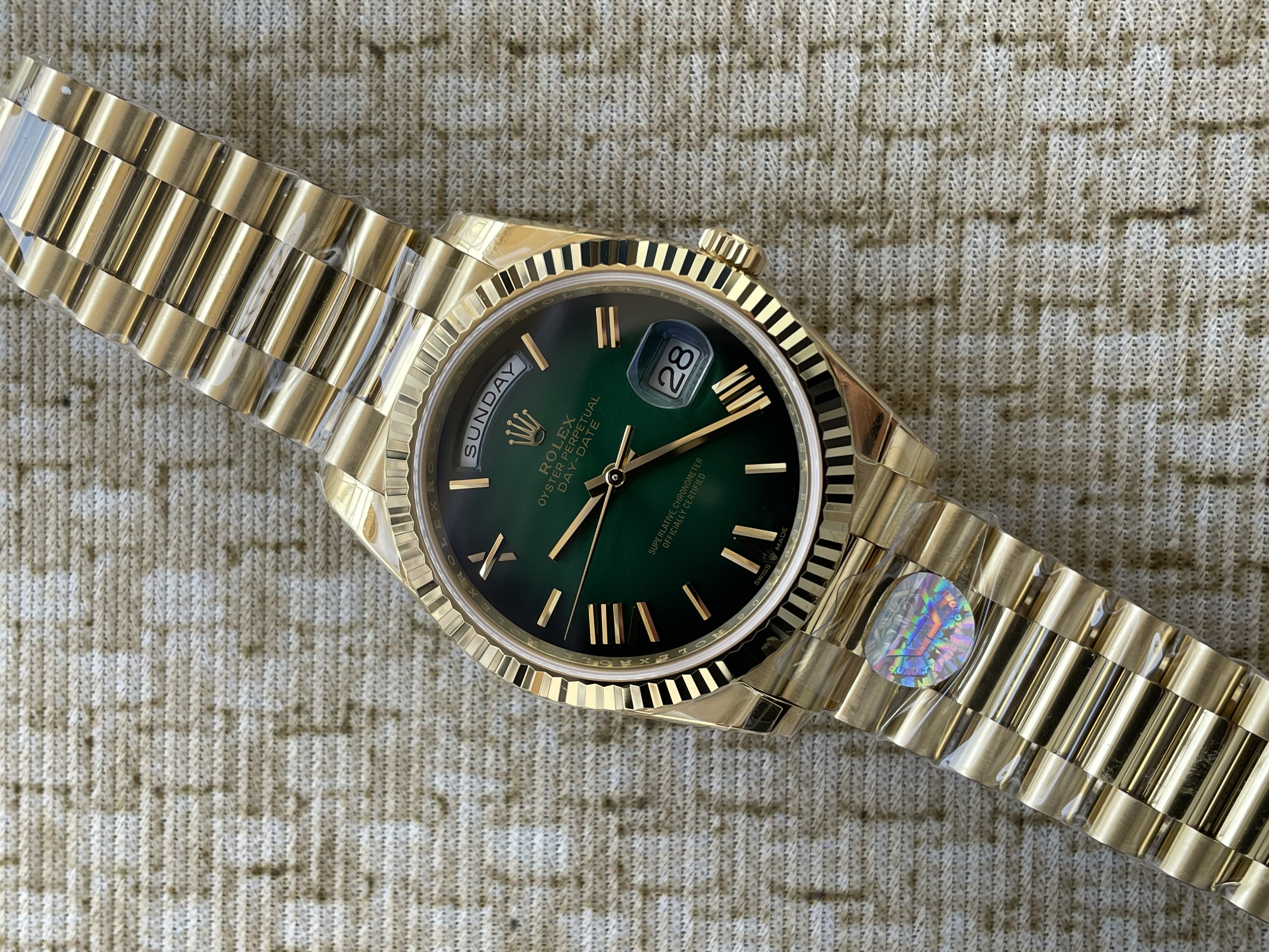 QP공장 롤렉스 데이데이트40 옐로우골드 텅스텐 그린옴브레로만다이얼 스틸브레이슬릿 208~211g로